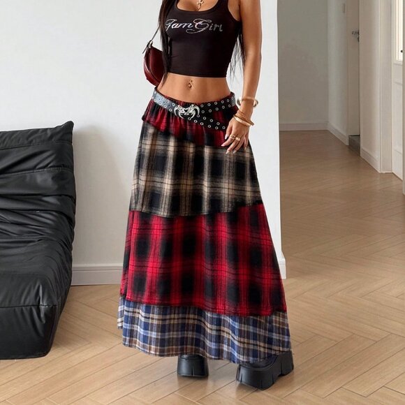 Multicolor Casual Women's Plaid Patchwork Maxi Skirt - Picture 5 of 6